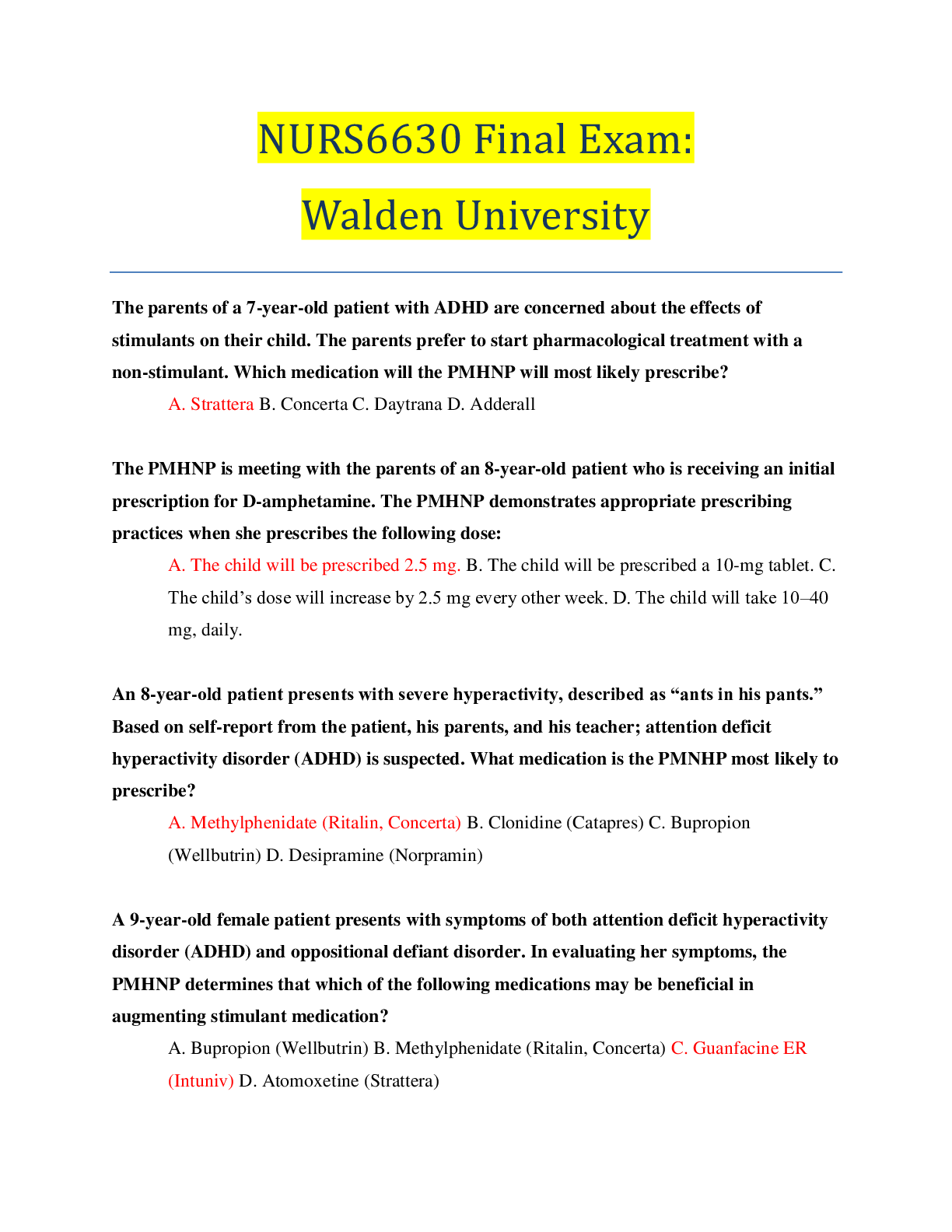Preview of NURS 6630 Final Exam/ NURS6630 Exam Final Walden University. Reviewed For 100% All Answers